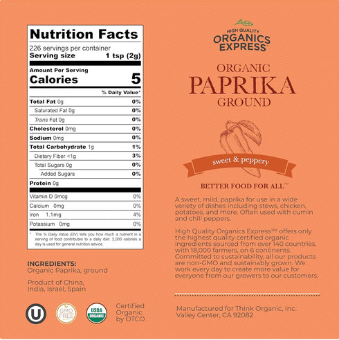 16 oz. HQOExpress Organic Paprika Non GMO, Kosher, USDA Certified Organic Ground Paprika Powder Sweet and Mildly Spicy