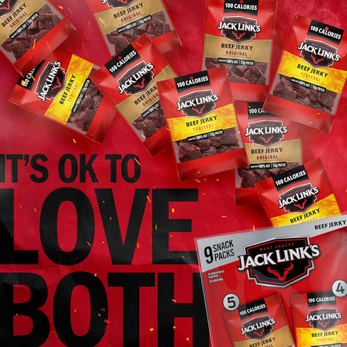 Pack (9 Pack) 1.25 oz 13g 100% Jack Link's Beef Jerky Variety - Original and Teriyaki - Bag - Ready to Eat Protein
