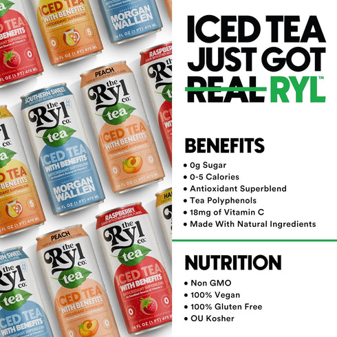 12-Pack, 16 Oz Ryl Iced Tea, Variety Best Sellers (Half & Half/Sweet tea/Peach/Raspberry) Zero Sugar, Antioxidant