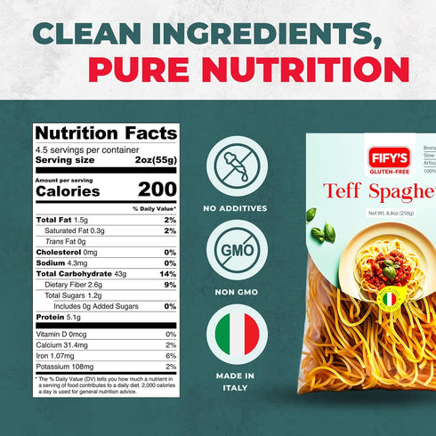 FIFY'S GLUTEN-FREE Teff Spaghetti Pasta All Natural, Nutrient-Rich Gluten Free Spaghetti with Ancient Grain Teff