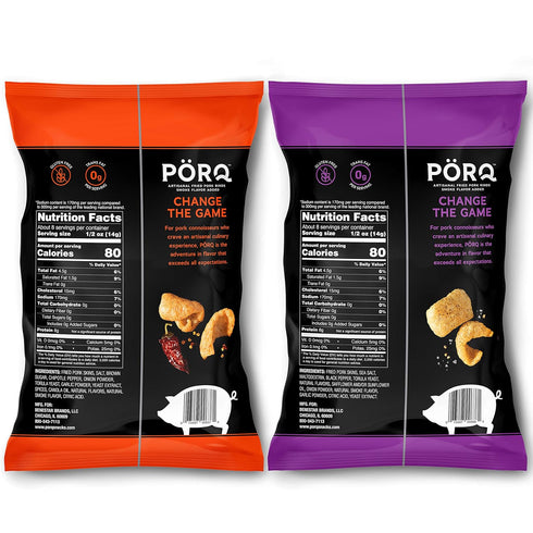 pack, 2 PORQ Artisan Fried Pork Rinds variety BBQ & Zesty Chipotle, Smoky Black Pepper & Sea Salt, and Fine Herbs