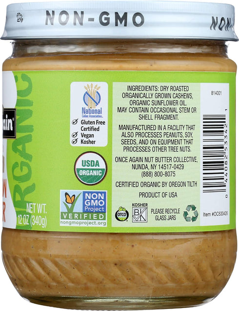 12oz- Once Again Organic Creamy Cashew Butter, Unsweetened - USDA Organic, Gluten free Certified, Vegan, Kosher, Peanut