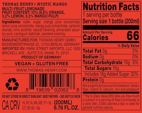 6.8 Oz (200 ml) 24 Pack, Thomas Henry Mystic Mango Soda, Premium Tropical Cocktail Mixer, Fl Bottles, Made in Germany