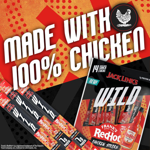 7g 0.5 Oz. (14 Count) Jack Link's Wild Mini Chicken Sticks Made with Frank's RedHot Flavor of Protein Snacks, On The Go