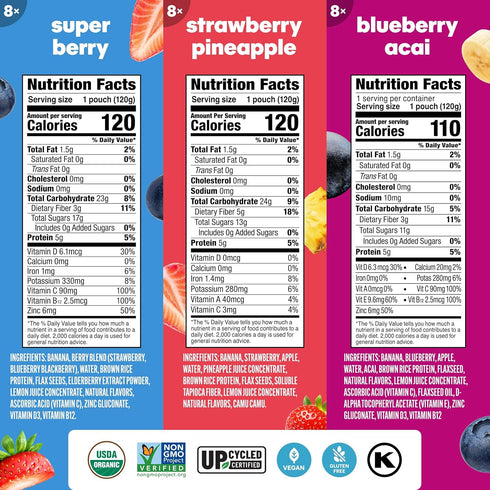 Pack (24 Pack) Noka Superfood Smoothie - Variety with Strawberry Pineapple, Super Berry, & Berry Acai, Healthy Snack