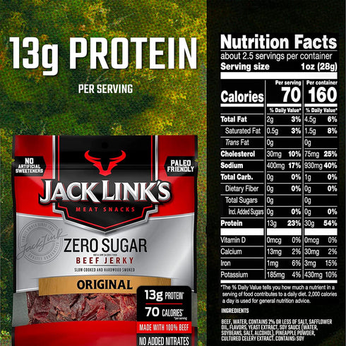 13g 100% 2.3 Oz. (Pack 8) Jack Link's Beef Jerky, Original, Zero Sugar - Flavorful Meat Snacks, Ready to Eat Protein