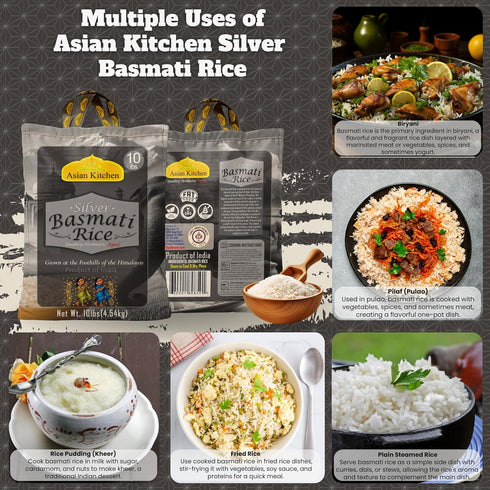 10lbs (4.54kg) Asian Kitchen Silver White Basmati Rice Extra Long Aged ~ All Natural | Gluten Friendly | Vegan | Indian
