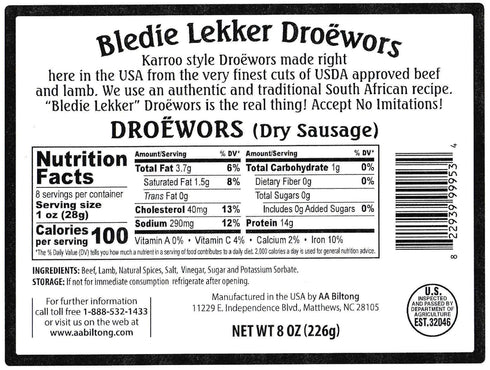 8oz Bledie Lekker Droewors (Dried Sausage)