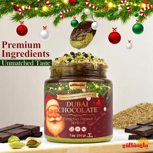 7 oz (200g) Gulluoglu Christmas Edition Dubai Chocolate Pistachio Peanut Spread in Festive Holiday Jar | Limited