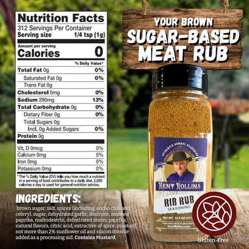 Kent Rollins Rib Rub Seasoning - Gluten Free Cowboy Dry Rubs for Smoking and Grilling - Brown Sugar Base Baby Back Ribs Pork Rub Seasoning - Ideal for Ribs, Pork, Chicken, Shrimp & Other Meat - 13 oz