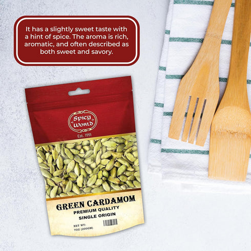 Spicy World Whole Green Cardamom Pods, 7 Oz Large Bag (200g), Natural Spice, Vegan, Aromatic