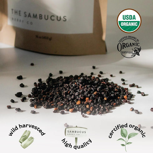 100% 1lb Immune 1 Certified USDA - Organic Dried Elderberries - Bulk - Non-Irradiated, Non-GMO, Wild Harvest, Whole