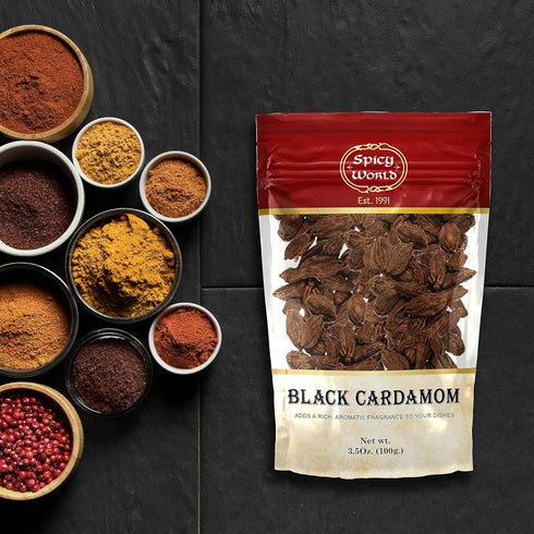 Whole Kali Elaichi Indian Spice by Spicy World, Black Cardamom Pods 3.5 Oz Bag (100gm)