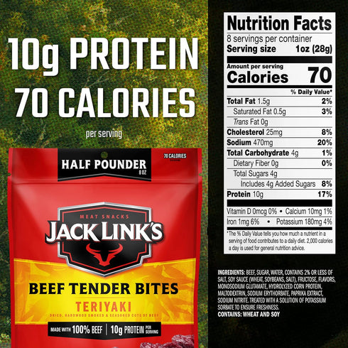 10g 70 100% (Pack 2) Jack Link's Beef Tender Bites, Teriyaki, Half Pounder Bag - Flavorful Meat Protein Snacks