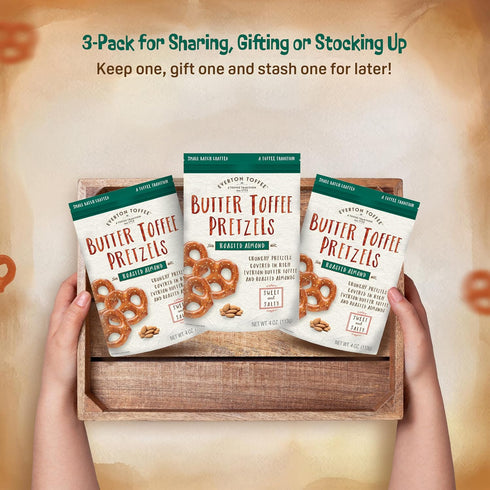 (4 oz. 3-pack), Everton Toffee Butter Toffee Pretzels, Roasted Almond Flavor bag, Gourmet Artisan Toffee Covered