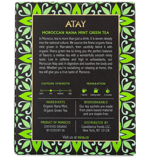 Mina Atay Moroccan Nana Mint Organic Green Tea, 15 Biodegradable Sachets - Refreshing Low Caffeine Mint Tea Bags