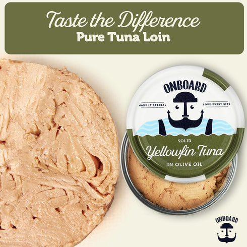 12 Pack 5 Oz 24g ONBOARD Premium Yellowfin Tuna in Olive Oil - Solid Light Cans Sustainably Wild Caught Canned Tuna