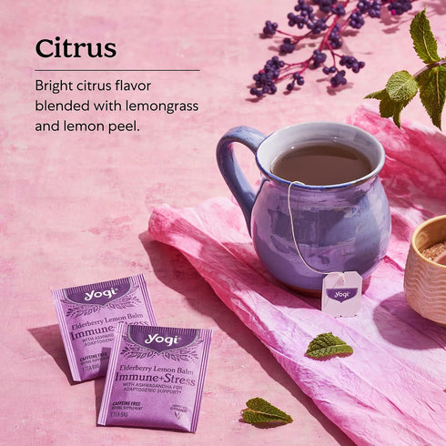Immune 16 4 Packs Yogi Tea Elderberry Lemon Stress & Support Tea - Tea Bags, - With Ashwagandha, Lemongrass, Licorice