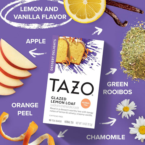 90 (15ct Pack 6) TAZO Dessert Delights Glazed Lemon Loaf Herbal Tea Bags, Aromatic Blend, Caffeine-Free, Total Tea Bags