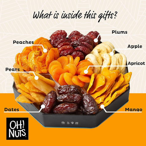 7 Oh! Nuts Dried Fruit Gift Basket Variety Tin Box - Gourmet Arrangement Platter - Healthy Food Snack Box for Birthday