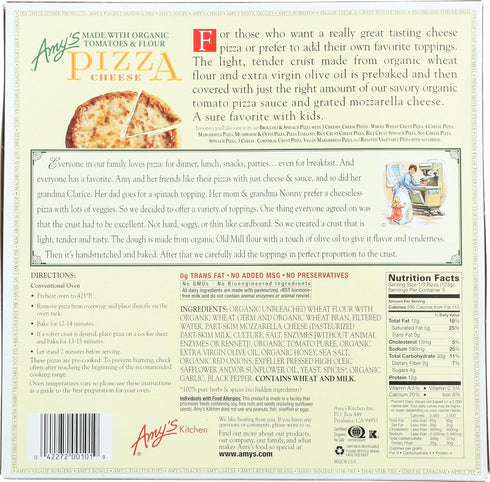 Frozen Size,13 (Pack 1) Amy's Cheese Pizza, Made with Organic Tomatoes and Flour, Hand Stretched Crust, Full Ounce