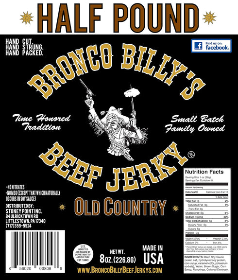 Country Bronco Billy's Beef Jerky Hickory Smoked Old Half Pound Resealable Bag