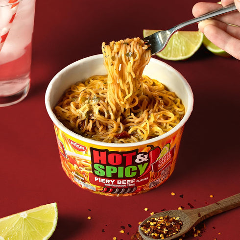 3.28 (Pack 6) Nissin Hot & Spicy Ramen Noodle Soup, Fiery Beef, Ounce