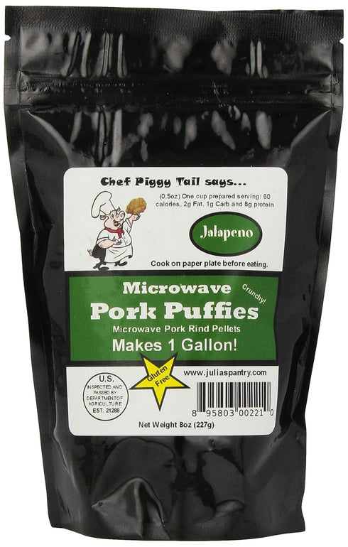 Chef Piggy Tail Microwave Pork Puffies Pork Rinds, Jalapeno, 8 Ounce