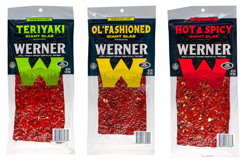 Werner Beef Jerky Slab Variety Pack of 15 Teriyaki, Sea Salt and
