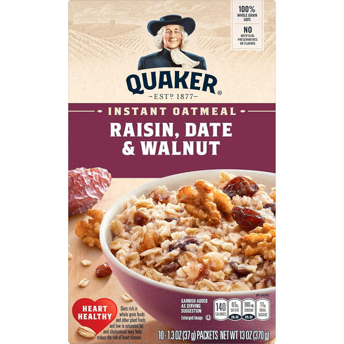 100% 2 (26 oz) Quaker Raisin, Date & Walnut Whole Grains Fiber Instant Oatmeal - Boxes
