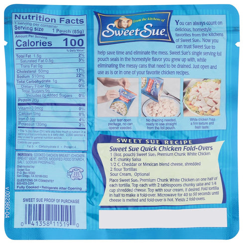 20g 3 oz (Pack 1) Sweet Sue Premium Chicken Breast with Rib Meat - Protein per Serving - Gluten Free, Keto Friendly
