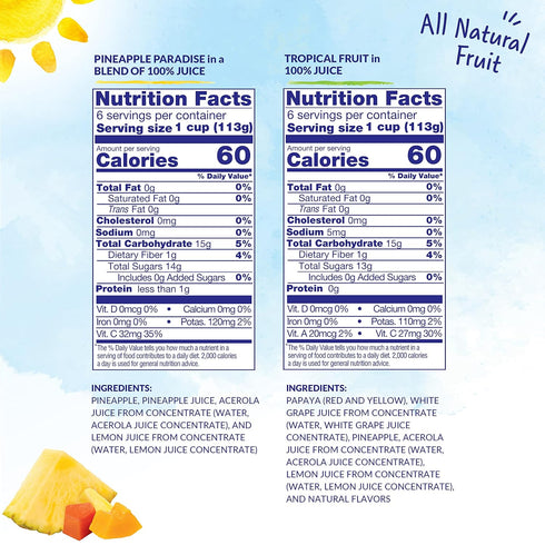 100% 4 oz 12 Count (Pack 2) Dole Pineapple Tidbits and Tropical Fruit in Juice - Dole Fruit Bowls Snacks - Bowls