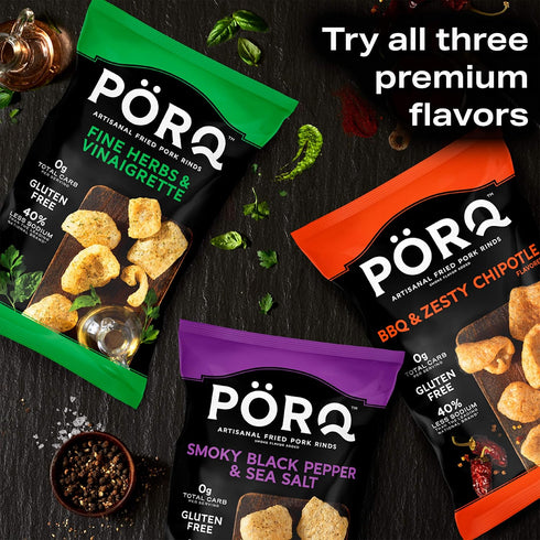 pack, 2 PORQ Artisan Fried Pork Rinds variety BBQ & Zesty Chipotle, Smoky Black Pepper & Sea Salt, and Fine Herbs