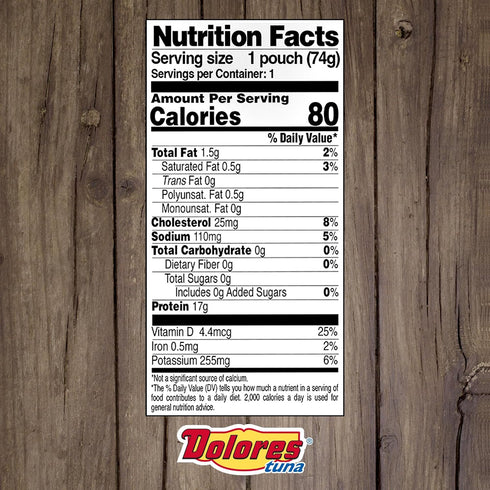 2.6 oz (Pack 24) Dolores Chunk Light Yellowfin Tuna in Water, Pouch Ready-to-Eat Tuna, Mild Flavor, Convenient