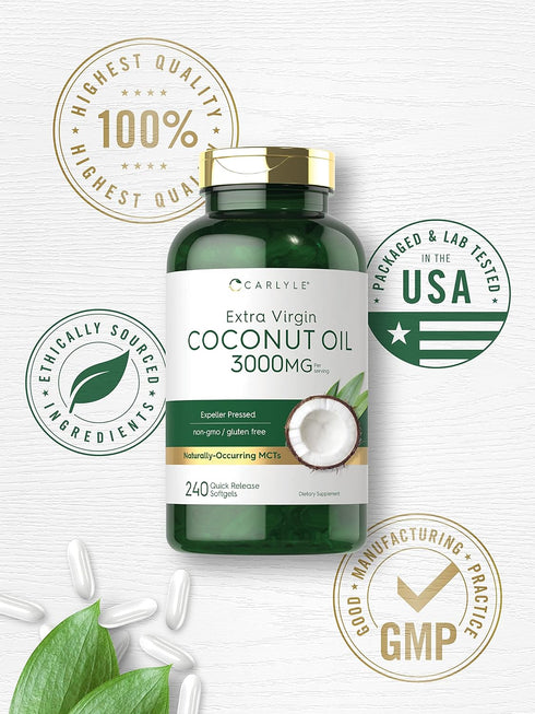 3000mg 240 Count Carlyle Coconut Oil Extra Virgin Softgel Capsules | | | Naturally Occurring MCTs | Non-GMO and Gluten