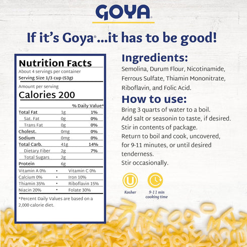 7oz Alphabet Pasta by Goya, Fun Pasta Noodles for Soups, Stews, and Side Dishes, Mexican Noodles, Bag