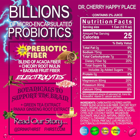 FHIRST 12 OZ 12 Pack Probiotic & Prebiotic Dr. Cherry Happy Place, Gluten Free & Low Sugar Sparkling Drink