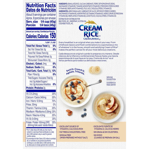 Cream of Rice Arroz 14 Crema de Libre de Gluten Cereal Caliente, Ounce