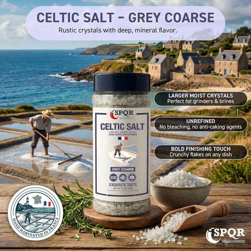 13oz. Celtic Salt Grey Coarse Grain Unrefined Mineral Sea Salt Hand Harvested in France XL Bottle by SPQR Seasonings