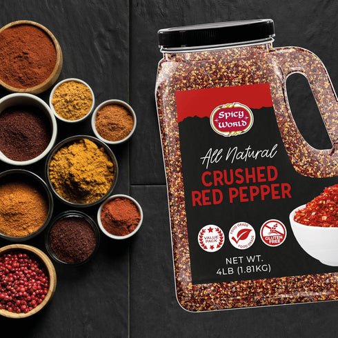 Spicy World 4 LB (64 Oz) Crushed Red Pepper Flakes Bulk Jar - All Natural, Pure, Chilli Flakes Hot Pepper, Great on