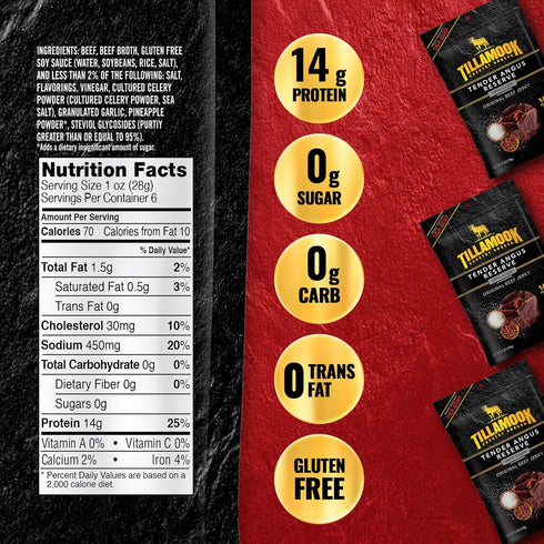 Country 6 oz, 14g Tillamook Smoker Tender Angus Reserve Original Beef Jerky, Real Hardwood Slow-Smoked USA Angus Beef