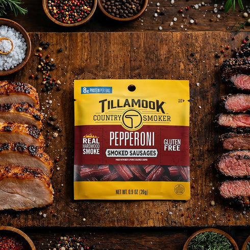 Country 0.9 oz, 24 Count, Protein-Packed, Tillamook Smoker Pepperoni Smoked Sausages, Made with Beef & Pork, Real
