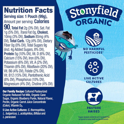 Stonyfield Organic 3.5 oz. Kids Blueberry Lowfat Yogurt, Pouch, Single Serve Includes Live Active Cultures