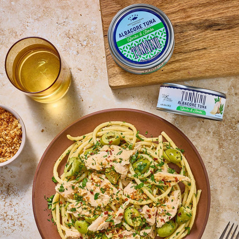Albacore Pack 12 Tonnino Tuna Fish - Premium chunk in olive oil with Garlic & Herbs of Alternative to Salmon Protein
