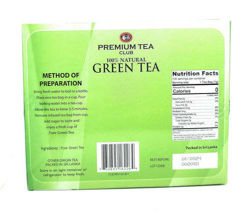 Green Tea - 100% Natural, 100 Bags (Ceylon Tea Club)