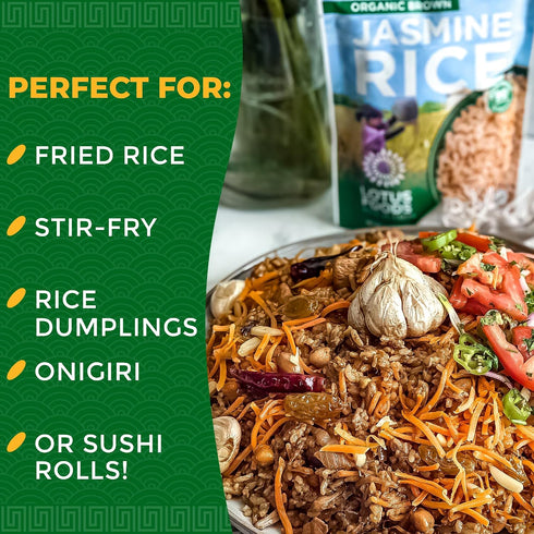 8 Oz (Pack 6) Lotus Foods Organic Brown Jasmine Rice Heat & Eat Pouch - Jasmine Rice, Gluten Free Brown Rice, Organic