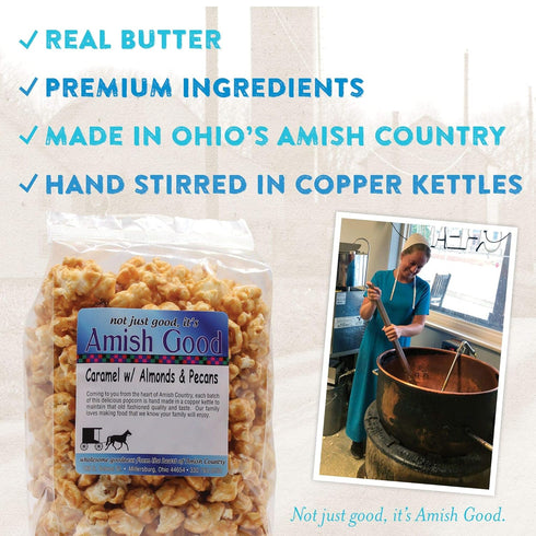 Amish Good Premium Caramel Popcorn with Almond and Pecans, Real Butter and Coconut Oil, 12 Ounce Bag