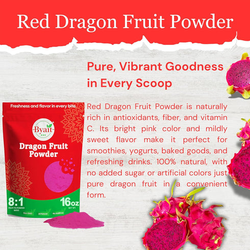 16 Oz, Byait Freeze Dried Dragon Fruit Powder Fine Pitaya Powder for Food Coloring, Baking, Smoothies, Drinks, Ice