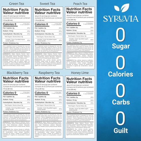 Pack 25.4 Oz (6 Pack) Syruvia Sugar Free Tea Syrup Variety Sweet Tea & Fruit Flavored Water Enhancer Drink Mix for Iced