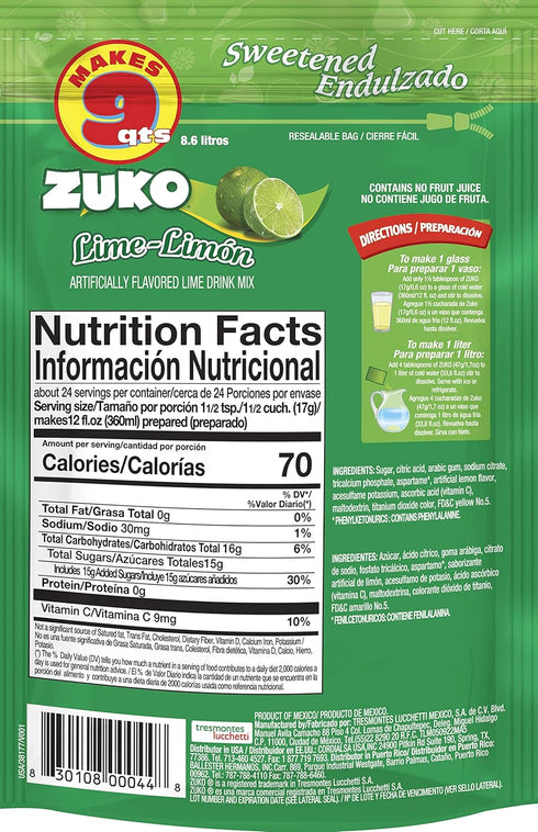 Pack, 14.1 oz, Pack 6 Zuko Lime Instant Powder Drink Family